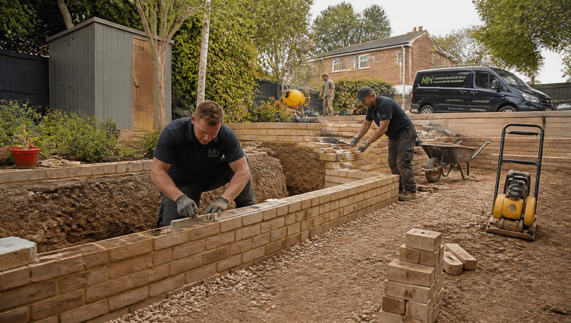 Bridgehouse Services team building a brick retaining wall on a London garden project